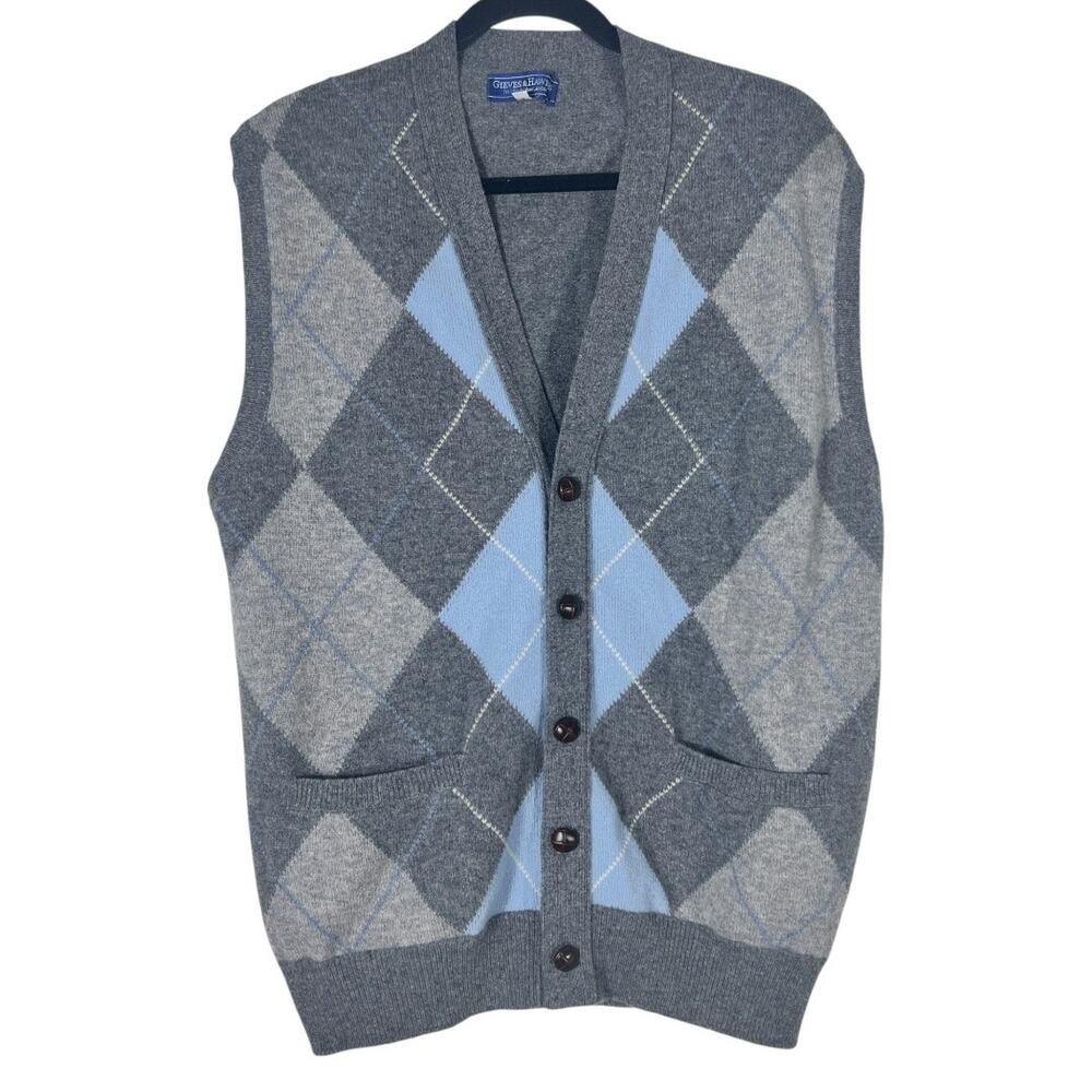 Gieves & Hawke Pure New Wool Button Down Knit Argyle Cardigan Vest Size S